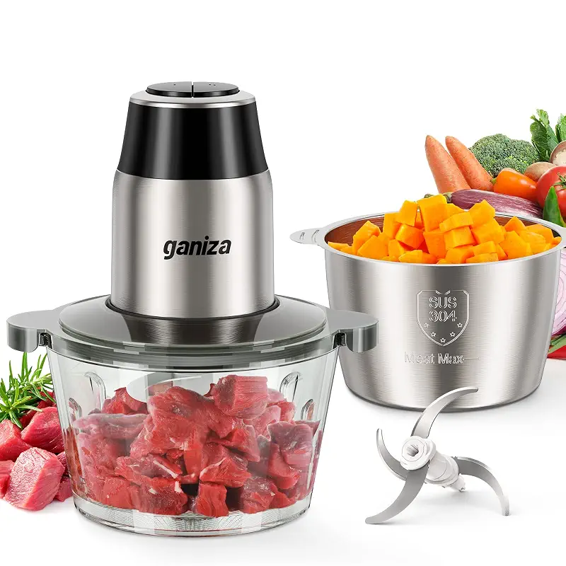 Ganiza Food Processors with 2 Bowls, 450W Meat Grinder Vegetable Chopper | 2-Speed Electric Food Chopper with 8 Cup Glass & 8 Cup Stainless Steel Bowls -Includes 2 Sets of Blades for Fruits/Meat/Nuts
