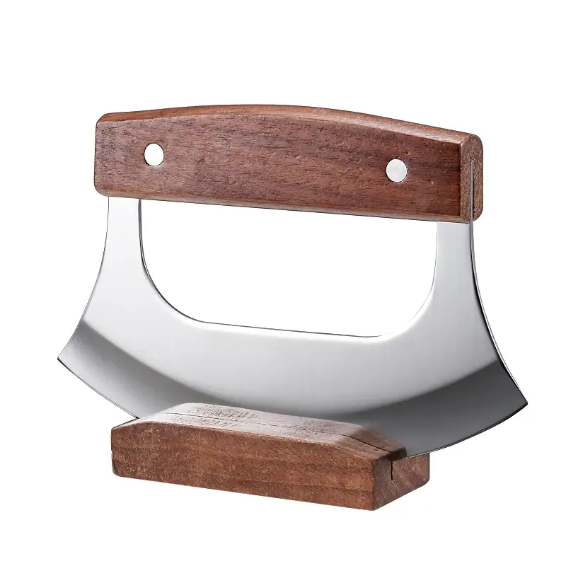 Coowolf Ulu Knife with Stand for Cutter Pizza Meat Vegetables Herb Salad | Stainless Steel Blade, Walnut Wood Handle, Sharp Rocker Mezzaluna Knife, Kitchen Essentials Accessories and Gadgets Tools