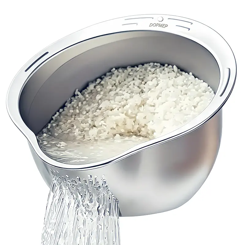 DOPMEP Rice Washer Strainer Bowl Stainless Steel Colander with Side Drainer | Ideal for Soaking, Washing, Cleaning, and Rinsing Rice, Fruits, Vegetables & Beans, Versatile Kitchen Tool