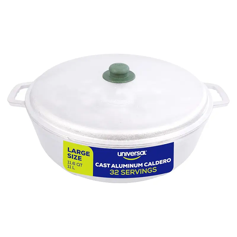 Universal (Professional Large) Caldero 32 Cups - 11.6 QT / 11 L, Stainless Aluminum Pot, Even Heat Distribution and Fast Cooking Dutch Oven Pot, Ergonomic Handles, Ideal for Rice, and French Fries