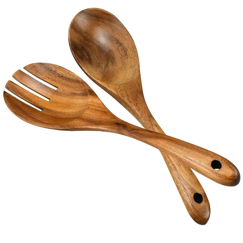 10.2in Wood Salad Servers, Long Handle Salad Server Set | for Mixing, Tossing and Cooking