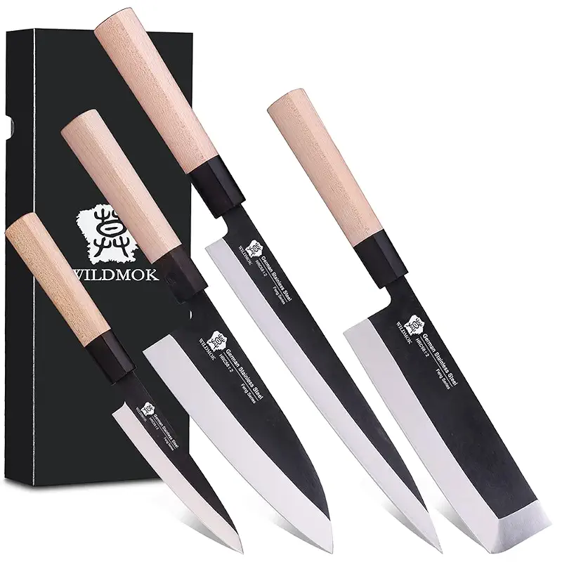 WILDMOK Set of 4 GYUTO Sushi Chef Knives-Yanagiba-Deba-Nakiri-Utility Kitchen Knife, Fish Slicing Filleting Knife Sets with German Steel Blade & Traditional Wooden Handle