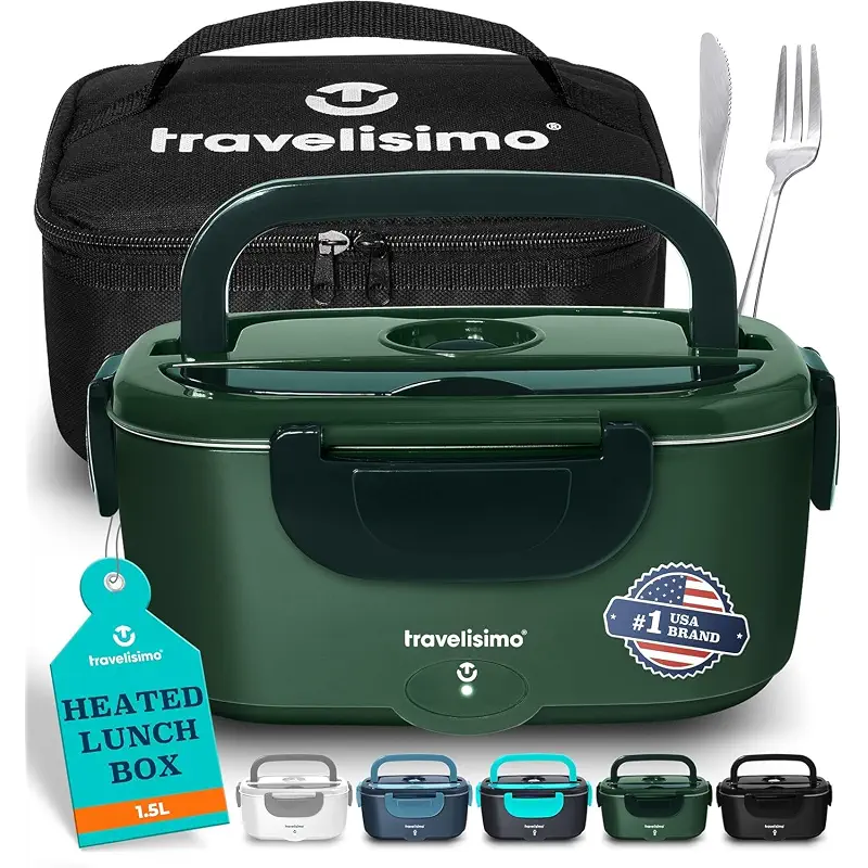 TRAVELISIMO Electric Lunch Box for Adults 100W Heated Lunch Box For Men 1.5L Stainless Steel Portable Food Warmer, 12/24/110V for Travel & Work, Loncheras Electricas Para Calentar almuerzo