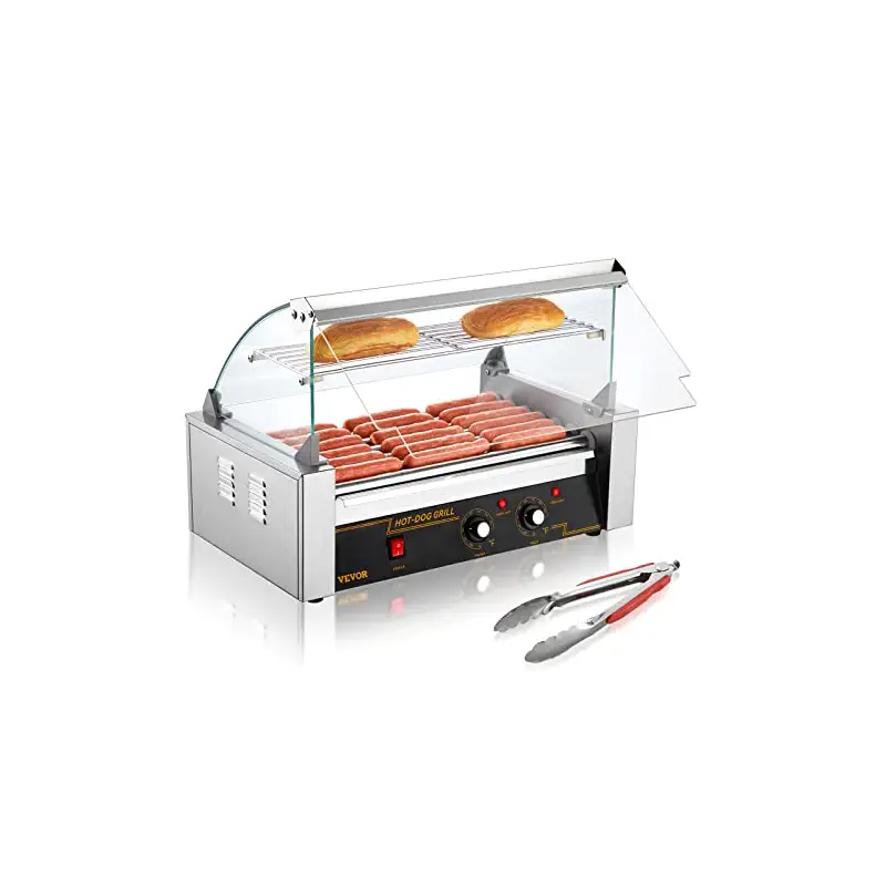VEVOR Hot Dog Roller 7 Rollers 18 Hot Dogs Capacity 1050W Stainless Sausage Grill Cooker Machine with Dual Temp Control Glass Hood Acrylic Cover Bun Warmer Shelf Removable Oil Drip Tray, ETL Certified | Stainless Machine with Dual Temp Control Glass Hood Acrylic Cover Bun Warmer Shelf Removable Oil Drip Tray, ETL Certified