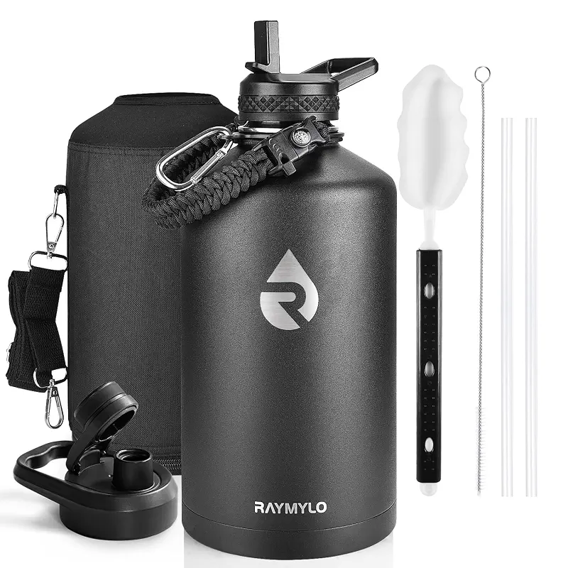 RAYMYLO One Gallon Water Bottle Insulated 128 oz, Stainless Steel | Triple Walled Vacuum (Cold for 48 Hrs), Leak Proof & Non-BPA, Large Water Flask Jug with Paracord Handle & Straw Spout Lids