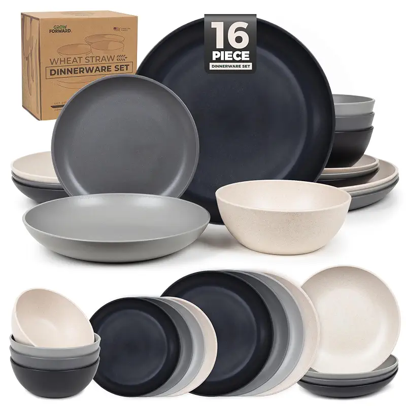 Grow Forward 16-piece Premium Wheat Straw Dinnerware Sets for 4 - Unbreakable Dishwasher & Microwave Safe Plastic Plates and Bowls Sets - Patio, Outdoors, RV, Camping Dishes - Moonlight