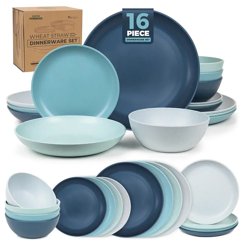 Grow Forward 16-piece Premium Wheat Straw Dinnerware Sets for 4 - Unbreakable Dishwasher & Microwave Safe Plastic Plates and Bowls Sets - Patio, Outdoors, RV, Camping Dishes - Seascape