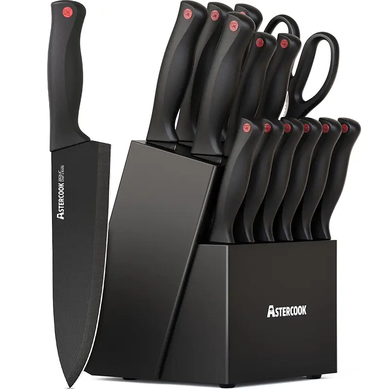 Astercook Knife Set for Kitchen with Block and Sharpener 15pcs German | Stainless Steel Kitchen Utensils Set Dishwasher Safe