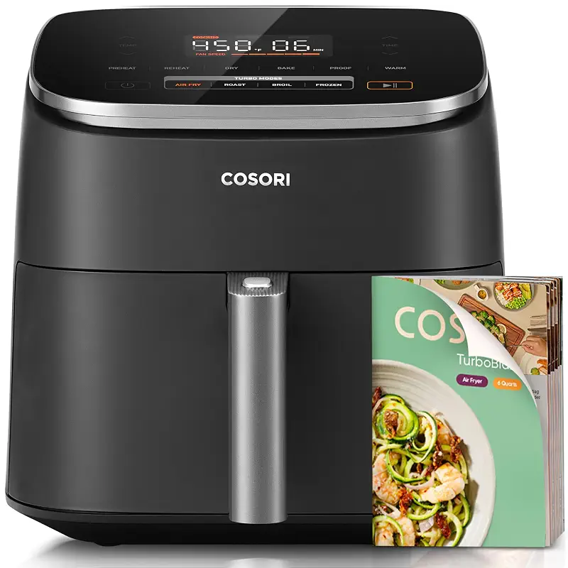 Cosori TurboBlaze Air Fryer, 9-in-1, 6 Qt, PFAS-Free Ceramic Coating | 90°–450°F, 5 Level Fan Speeds, 9 in 1 Air Fry, Roast, Bake, Broil, Dry, Frozen, Proof, Reheat, Keep Warm, Safety lock, 1725W
