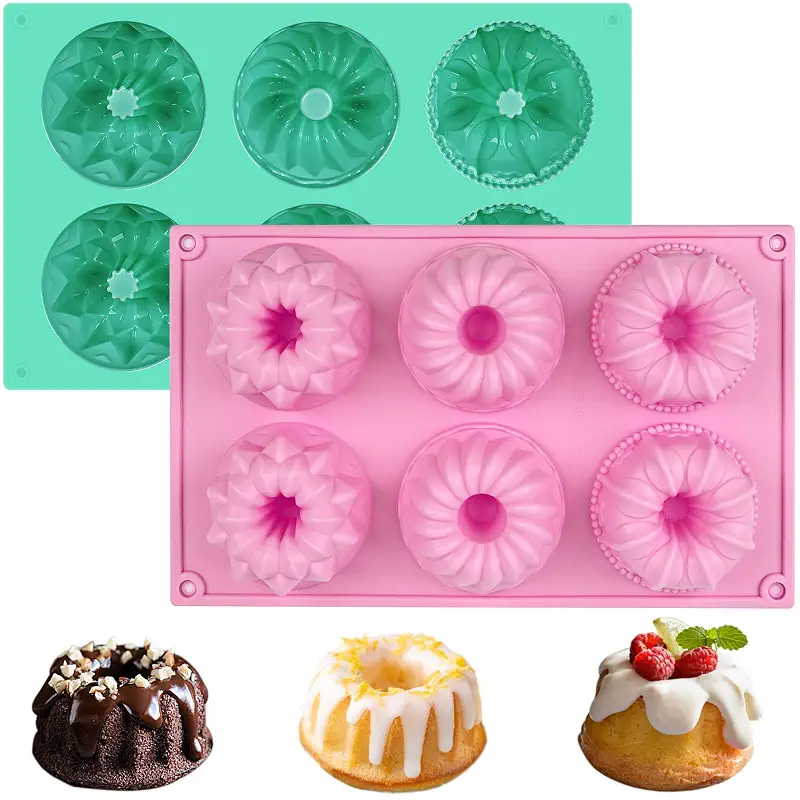 HUAKENER 2 Pcs Mini Fluted Cake Pan, 6-Cavity Fluted Tube Cake Pan | Non-stick Silicone Baking Mold for Cupcakes, Donuts, Cornbread, Brownies, Jellies (BPA-Free)