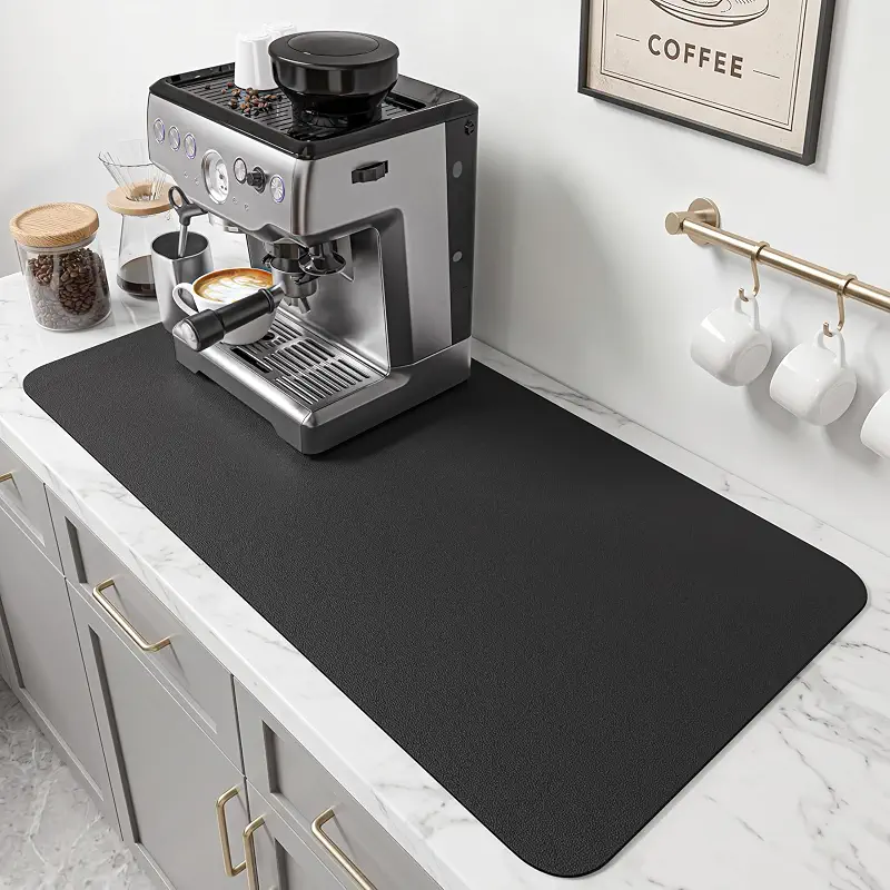 PoYang 31.5x17 Inch Coffee Mat, Extra Large Dish Drying Mat, Black | Quickly Absorbs Spills, Stain-Hiding, Non-Slip & Heat-Resistant Mat for Coffee Maker, Espresso Machine & Kitchen Countertop