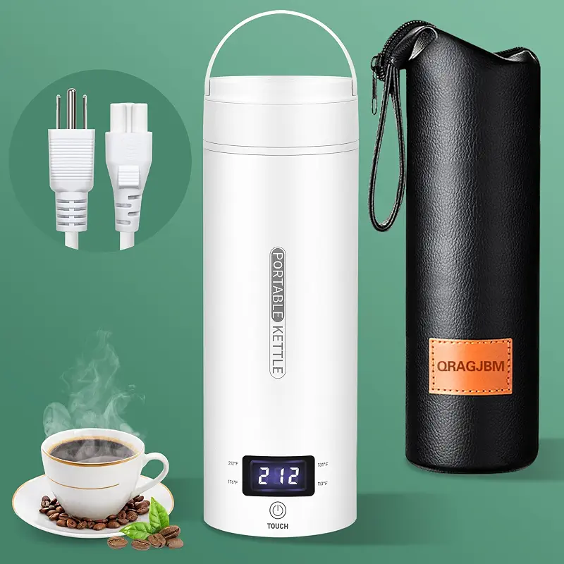 QRAGJBM Portable Electric Kettle Travel, 120V, 450ml, 4 Temperature Control | 304 Stainless Steel Lining, Auto Shut-Off, Boil Dry Protection, BPA-Free, Lightweight, For Hotel and Office (White)