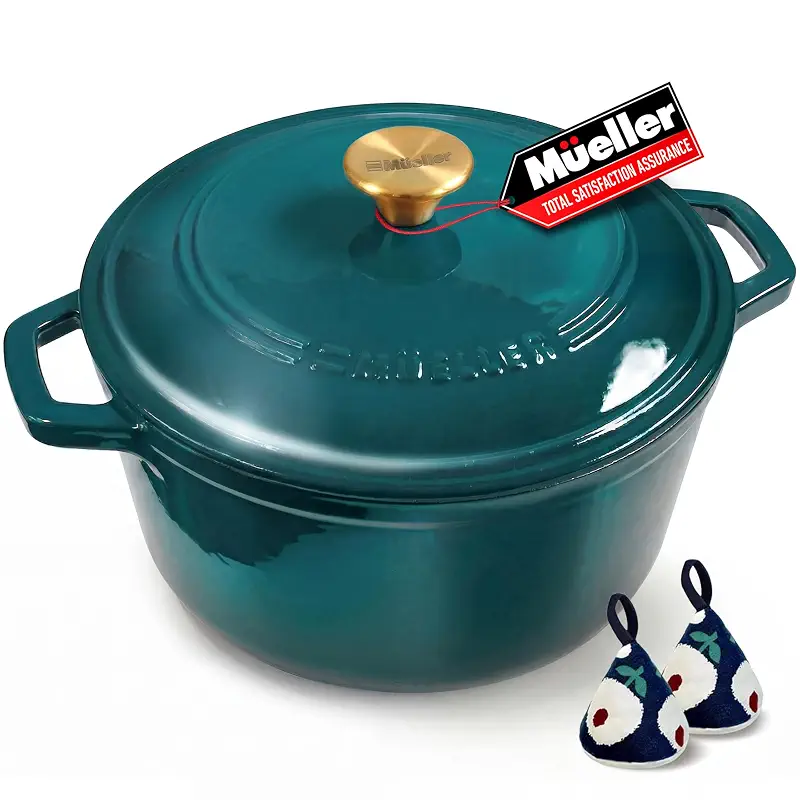 Mueller DuraCast 6 Quart Enameled Cast Iron Dutch Oven Pot with Lid | Sourdough Bread Baking, PFOA-Free, 500°F Oven Safe - All Cooktops incl. Induction, Braising & Slow Cooking, Emerald