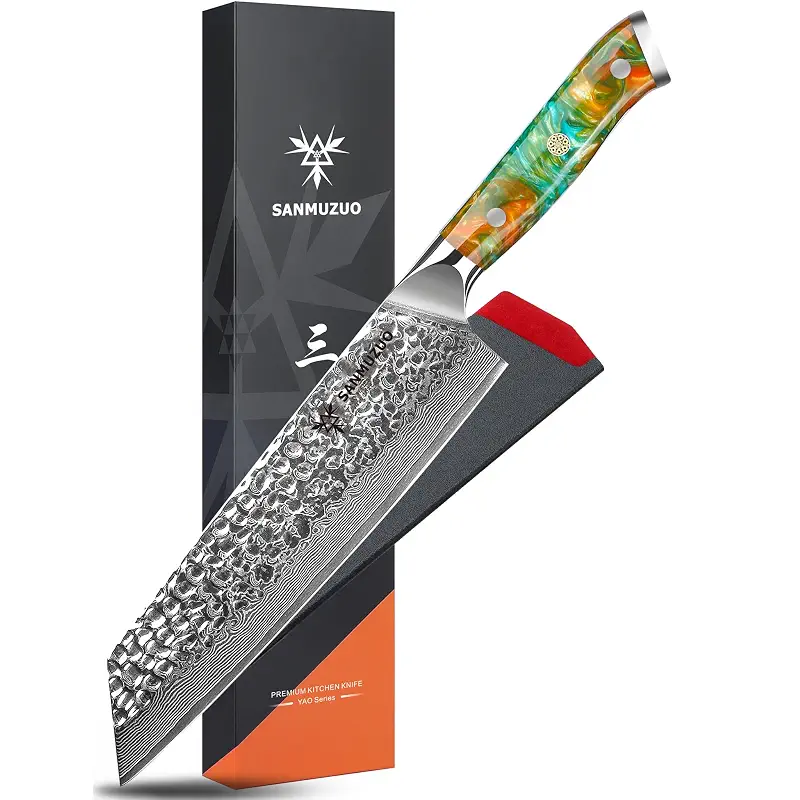 8.5" Kiritsuke Knife - Professional Kitchen Chef Knife - Hammered Damascus Steel & Resin Handle - YAO Series