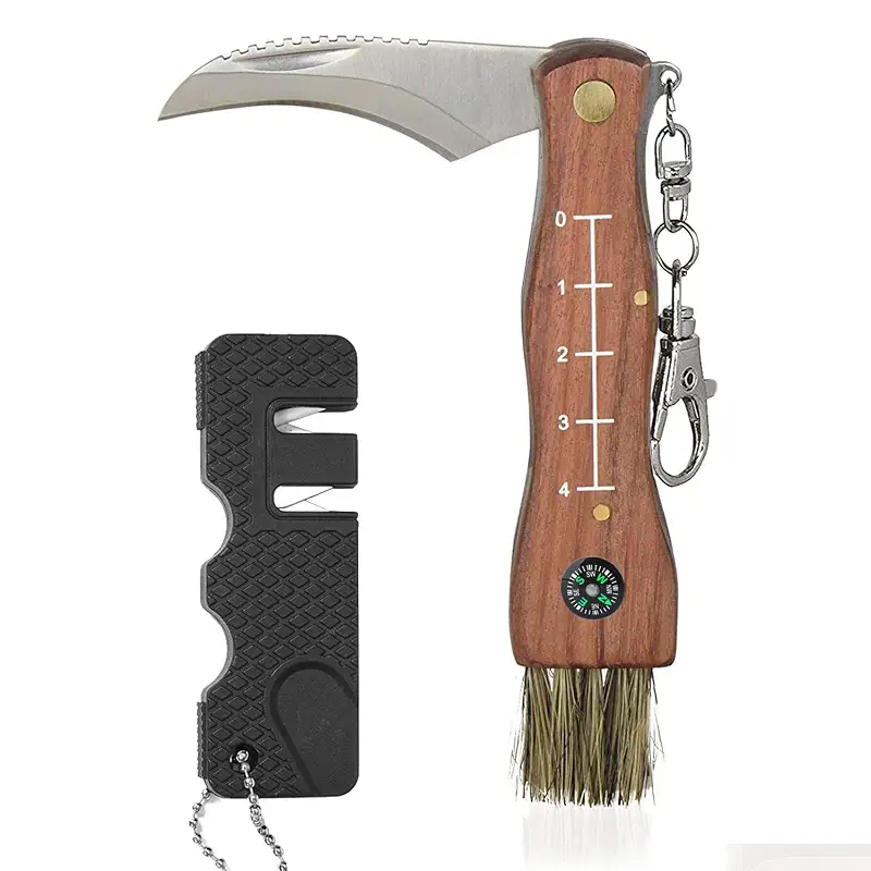 Mushroom Harvesting Knife, No Lock Folding Garden Tool for Foraging & Cleaning, Two-Hand Opening Knife with Wood Handle for Men Women