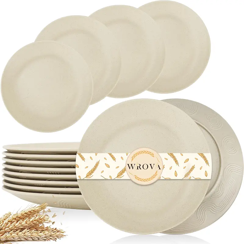 Wrova Wheat Straw Plates 10 Inch, Plate Sets for 8, Unbreakable & Reusable | Hard Plastic Plates Reusable, Microwave & Dishwasher Safe Plates, White Dinner Plates for Kitchen, Camping, R.V, Outdoor