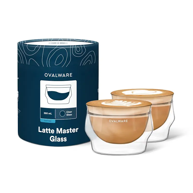 ovalware Double Wall Latte Art Cups 8.5oz/250ml | Set of 2, Wide Rim | Palm-Sized Borosilicate Build Keeps Beverages Hot or Iced | Ideal for Cappuccino & Specialty Brewing | Clear