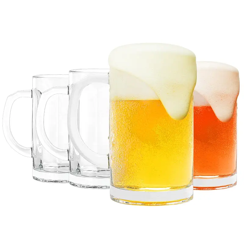 4 Pack Heavy-Duty Glass Mugs - 16oz Beer Glasses, Large with Handle, Freezer Safe, Classic Beer Mug Set for Bar & Beverages