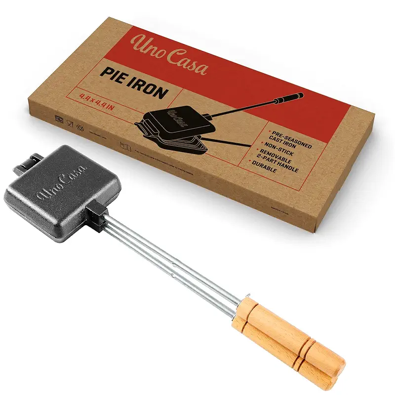 Uno Casa - Pie Irons Cast Iron Sandwich Maker - Mountain Japanese Sandwich Maker with Recipe Book - Durable Campfire Cooking Equipment for Toasted Pies, and More (1, Single Pie Iron)
