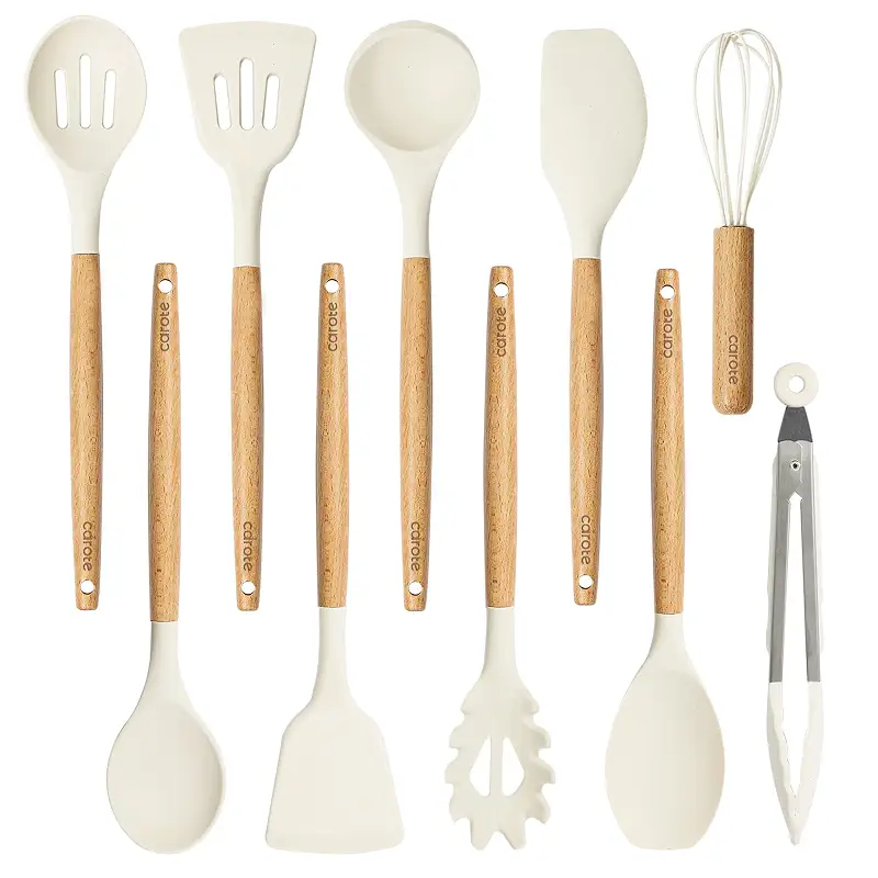 CAROTE 10-Piece Kitchen Utensils Set with Wood Cool-Touch Handles, Cream | Silicone Cooking Utensil, Food Grade, Nonstick Cookware Friendly, BPA-Free, Heat-Resistant, Everyday Home Essentials, Gifts
