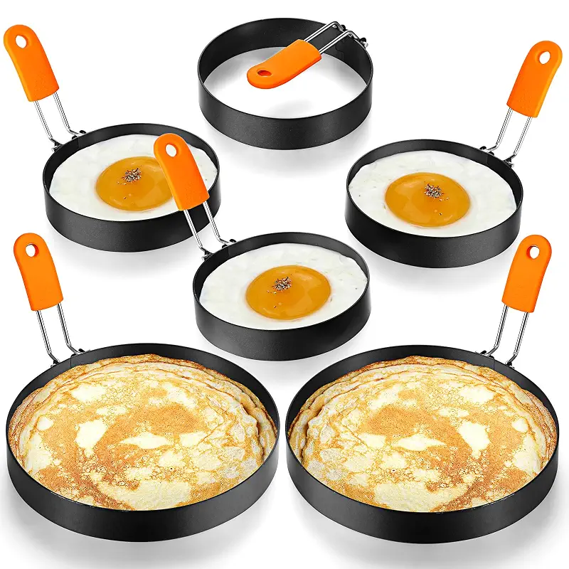 Patelai 6 Pcs Egg Rings for Griddle Nonstick Pancake Molds,4, 6 Inch | Stainless Steel with Orange Silicone Handle, Fried Egg Shapers Molds, Adjustable for Breakfast Omelette Sandwich