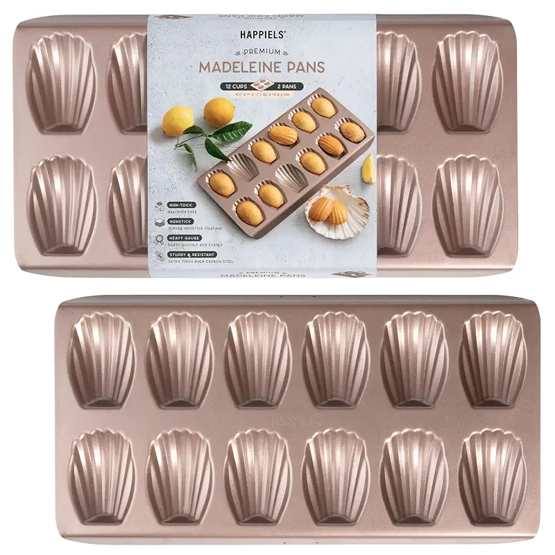 HAPPIELS 12 Well Madeleine Pan 2-Pack Nonstick, PFOA & BPA Free | | Non-Toxic - High Carbon Steel - Gold - Madeleines Cake Cookie Mold