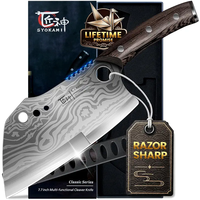 SYOKAMI Meat Cleaver Chef Knife with Sheath, 7.7 Inch Butcher Knife | Chopping Knife with Herb Stripper, Heavy Duty Bone Cutting, Damascus Pattern Full Tang Wood Handle, Birthday Gift for Men