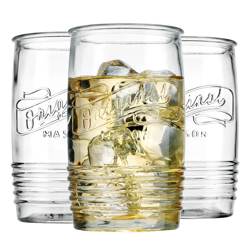 Glaver's Set of 8 Tumbler Glass Cups 20 OZ Mason Stemless Tall Drinking Glasses For Everyday Use, Modern yet Vintage Original Mason Logo Glassware for Bar, Water, Beer, Juice.