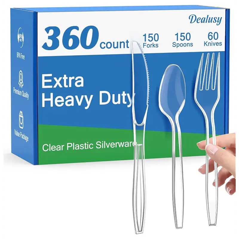 Dealusy 360 Count Extra Heavy Duty Clear Plastic Silverware | 150 Forks, 150 Spoons, 60 Knives, BPA-Free, Heat Resistant, Disposable Plastic Utensils Cutlery Set, Plasticware Bulk
