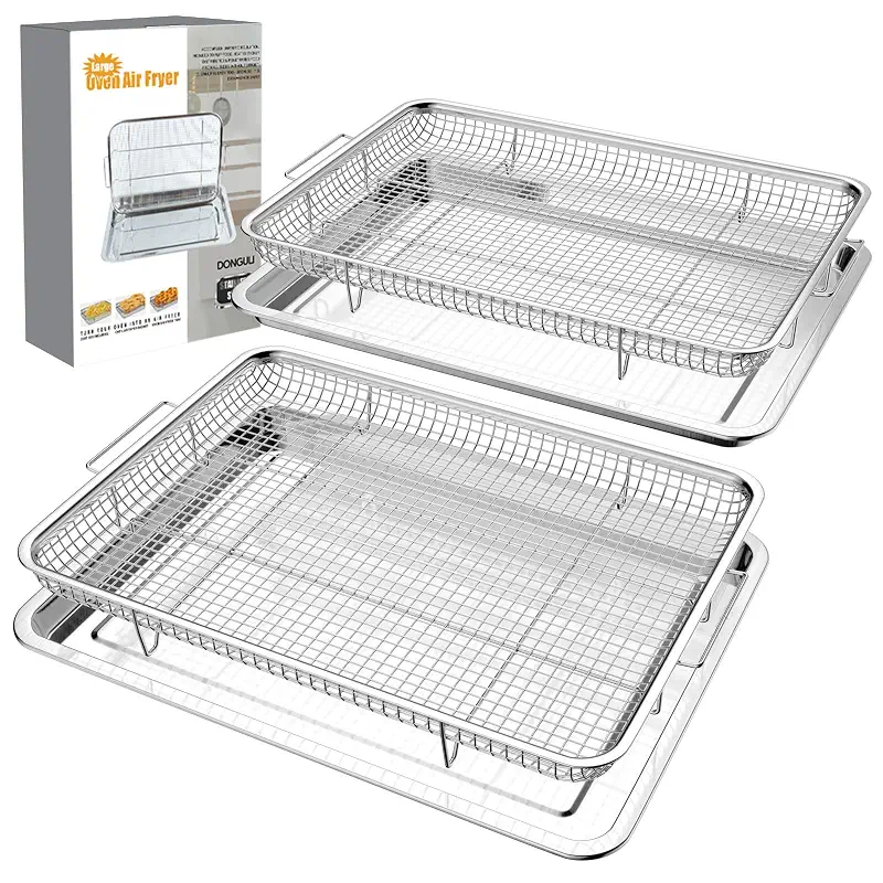 DONGULI Air Fryer Basket Oven - 2 Set Large Air Fryer Basket and Tray Stainless Steel Oven Air Fryer Rack Pan Accessories for Baking 15.4"x11.2"