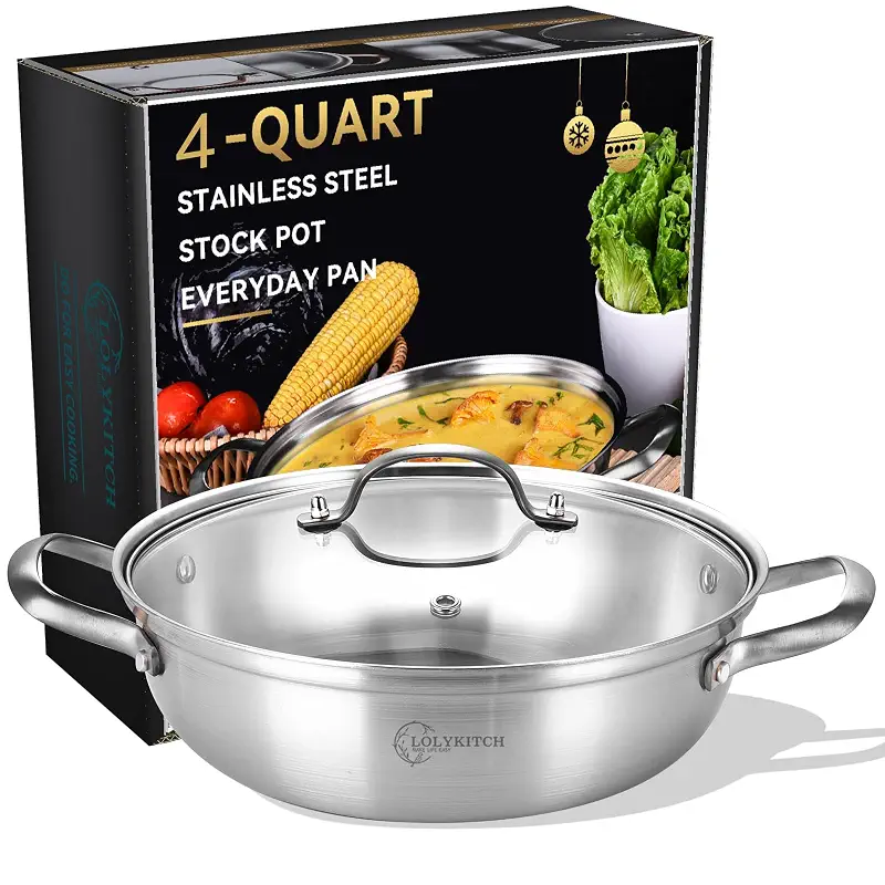 LOLYKITCH 4-Quart Stainless Steel Kadai with Lid | 12-Inch Hotpot Pot | Tri-Ply Stainless Steel Saute Pan | Everyday Pan | Induction Indian Cooking Pan | Dishwasher and Oven Safe | 3-4 Servings
