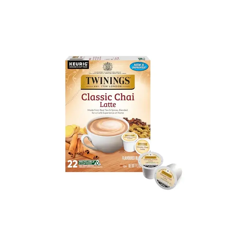 Twinings Chai Latte Black Tea K-Cup Pods for Keurig, 22 Count (Pack of 1), Creamy, Slightly Sweet, Less Sugar, Caffeinated, Enjoy Hot or Iced | A Café Style Classic, Made with Real Tea & Spices, Naturally Caffeinated, 22 Pods for Single Serve Brewers, Enjoy Hot or Iced