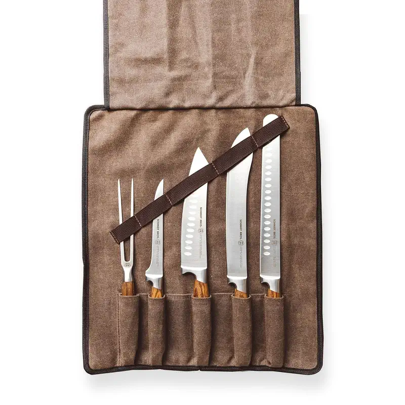 Zebra Wood 6-Piece BBQ Knife Set - Fully Forged Stainless Steel Grilling Utensils Including Brisket, Butcher, Chef's, Boning Knives, Carving Fork, Knife Carrying Roll