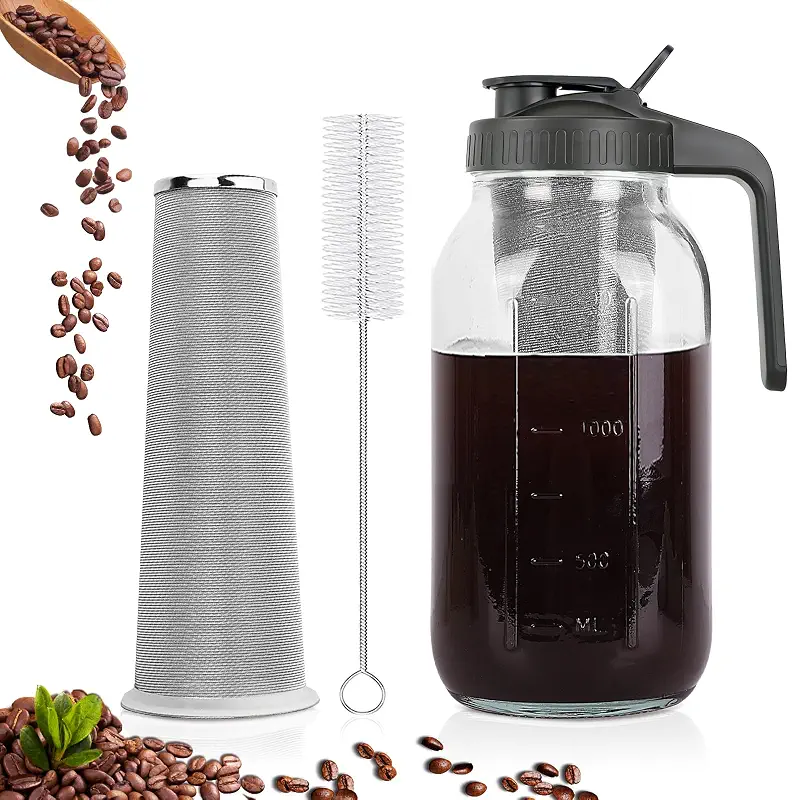 Cold Brew Coffee Maker, 64 oz Mason Jar Pitcher with Stainless Steel Filter, Pour Spout Handle Lid, Airtight & Leak-Proof for Iced Coffee,Tea & Lemonade