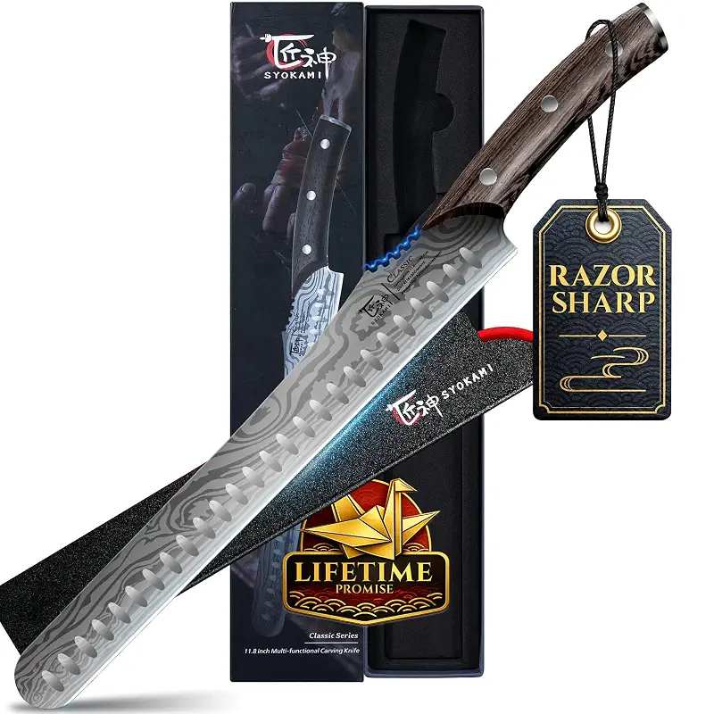 SYOKAMI Brisket Slicing Knife, 12 Inch Carving Knife for Meat Cutting | Japanese Style Meat Slicer with Wood Full Tang Handle, Damascus Pattern Long Slicing for Roast Beef, Ideal for Gift