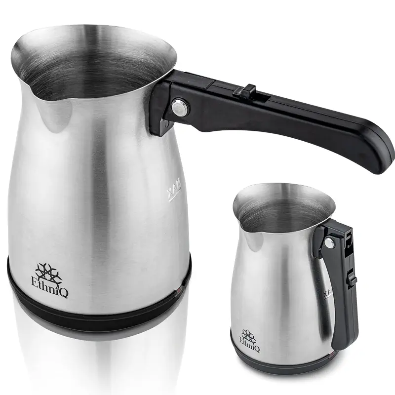 ETHNIQ Turkish Coffee Pot - Stainless Steel, 120V, 1 to 4 Cup Capacity, Coffee Maker with Foldable Handle for Home & Travel & on-off Button (Slow Brew)
