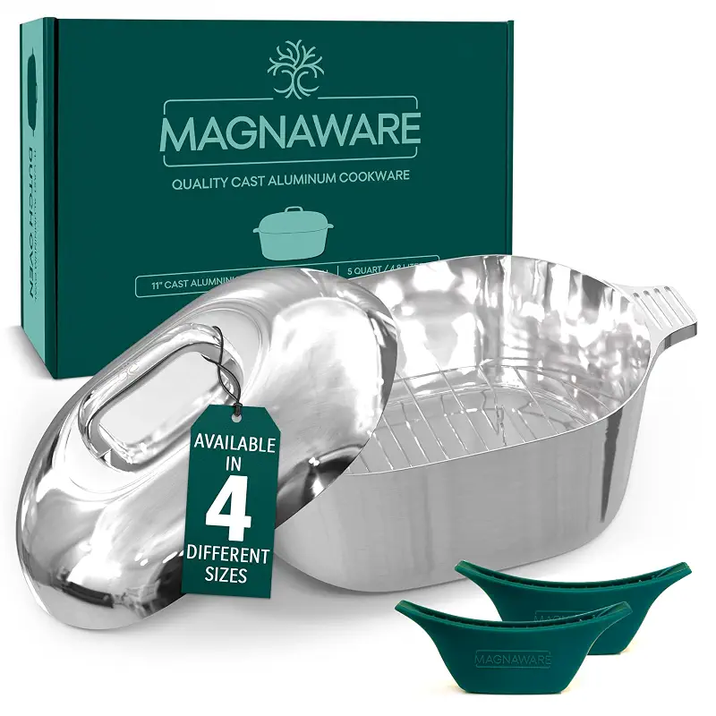 MAGNAWARE Cast Aluminum Oval Dutch Oven with Lid — 5 QT Heavy Duty Roaster Pan with Rack & Silicone Cover Dual Handles — Cajun Cookware for Roasting, Baking, Cooking (11" Small)