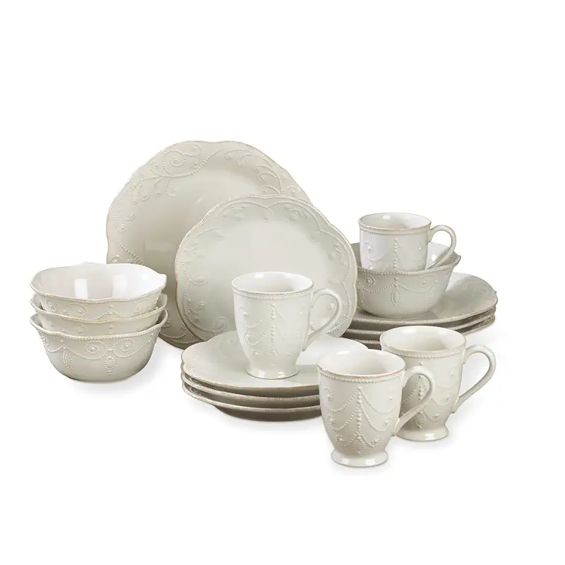 Lenox French Perle White Stoneware 16-Piece Dinnerware Set for 4 | dishwasher safe, microwave safe | plates and bowls sets for kitchen and dining, dish set, dishes, gift for women