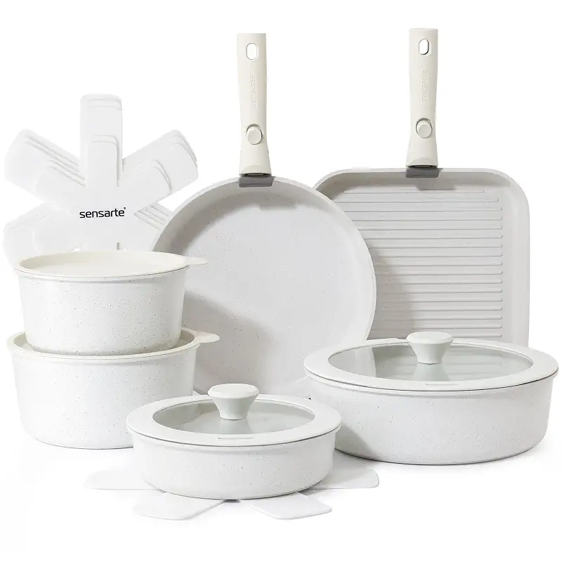 SENSARTE 17 Piece Nonstick Detachable Handle Pots and Pans Set White | Removable Handle Cookware Set, Induction Cookware Set with Removable Handle, Healthy Non Stick for RV, Dishwasher ＆ Oven Safe