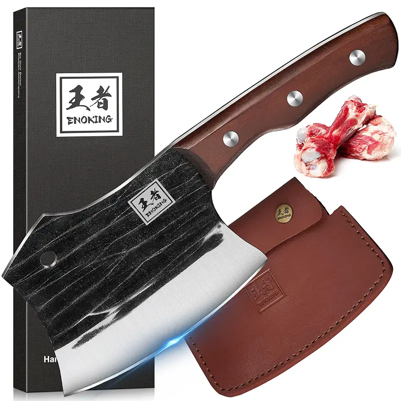 ENOKING 5.7" Bone Cleaver Knife, Heavy-Duty Butcher Knife with Full Tang Hand-Forged Blade, Meat & Bone Chopper with Leather Sheath for Kitchen