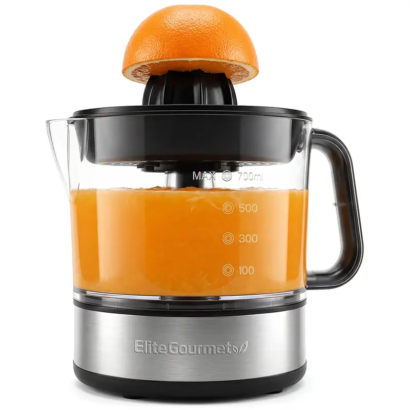 Elite Gourmet ETS623 Electric Citrus Juicer, 24 oz, Black/Stainless Steel | BPA-Free 40-Watt motor, compact large-volume pulp control - juices oranges, lemons, limes & grapefruits, easy-pour spout