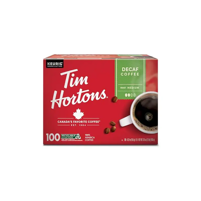 Tim Hortons Decaf, Medium Roast Coffee, Single-Serve K-Cup Pods Compatible with Keurig Brewers, 100ct K-Cups
