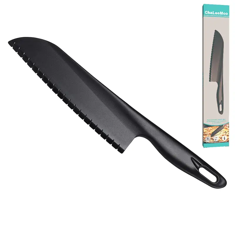 11" Nylon Knife for Nonstick Pans, Plastic Serrated Kitchen Cutter to Cut Cake Brownie Pie Lasagna or Various Veggies and Fruits, Non-Metal Salad or Lettuce Knife, Black