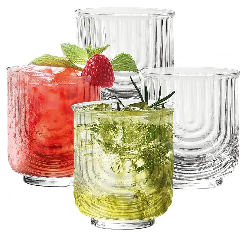 Art Deco Cocktail Glasses Set of 4, 12oz Ripple Glassware Highball Glass Beverages Glass, Vintage Glassware for Cocktail, Negroni, Iced Coffee, Soda, Whiskey