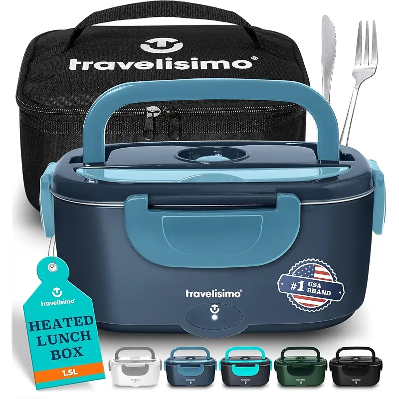 TRAVELISIMO Electric Lunch Box for Adults 100W Heated Lunch Box For Men 1.5L Stainless Steel Portable Food Warmer, 12/24/110V for Travel & Work, Loncheras Electricas Para Calentar almuerzo