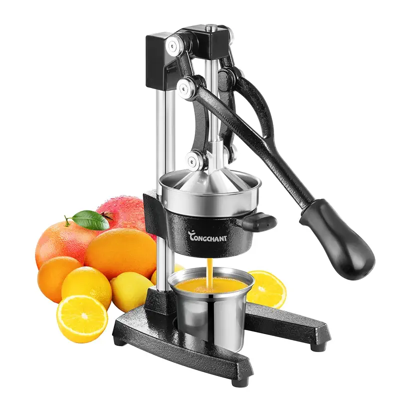 TONGCHANT Cast Iron Manual Juicer for Orange Lemon Lime Pomegranate &Citrus | Heavy Duty Orange Juicer Squeezer, Hand Press Juicer, Citrus Press, Stainless Steel Cup, Easy to Clean, Black