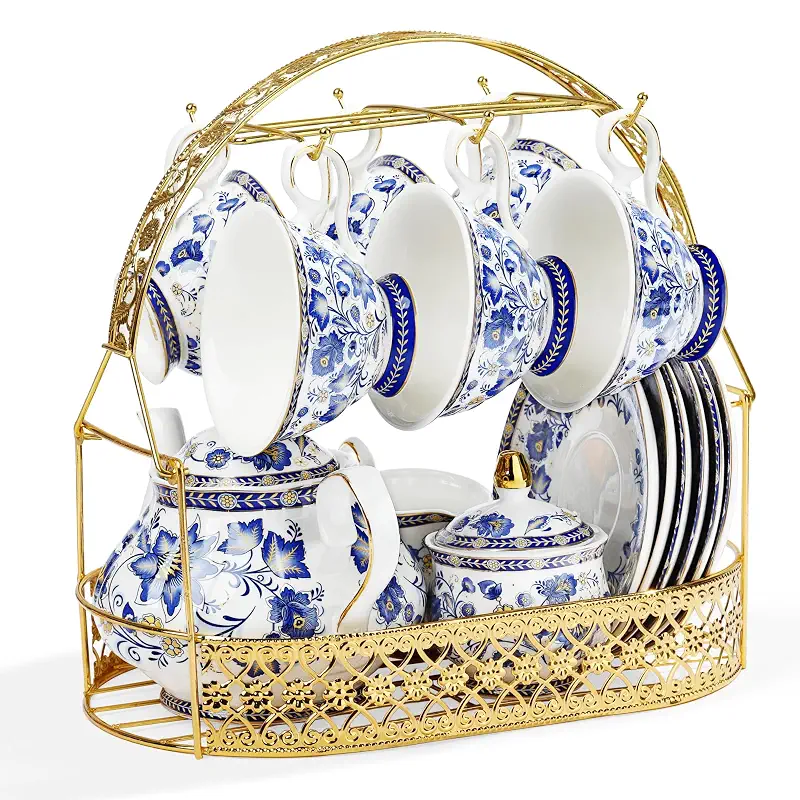 fanquare Porcelain Tea Sets,Blue British Coffee Cups& Saucer Service for 6, with Teapot,Sugar Bowl,Creamer Pitcher and Golden Metal Rack