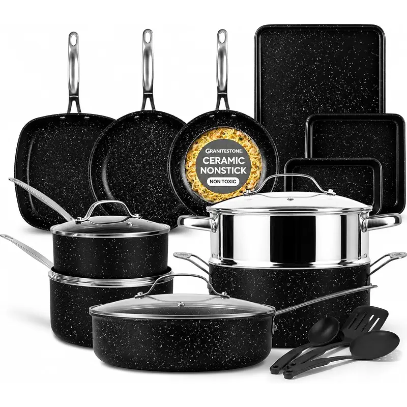 GRANITESTONE 20 Pc Complete Pots and Pans Set Non Stick Cookware Set with Saute Pan, Bakeware, Steamer, Cooking Utensils, Made Without PFOA PFOS, Oven and Dishwasher Safe