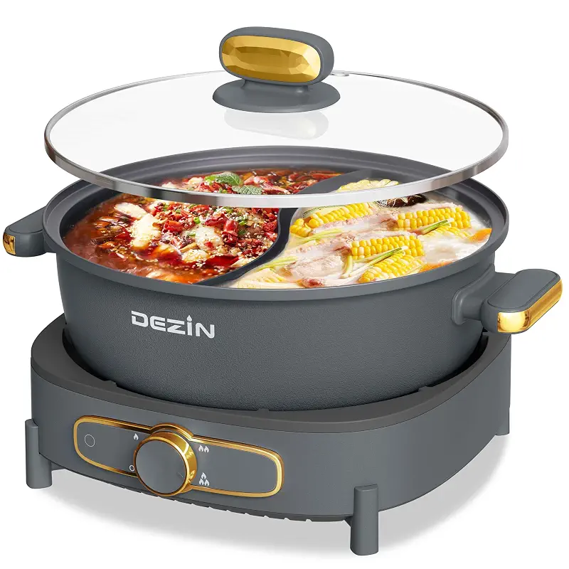 Dezin 6L Hot Pot Electric with Divider, Shabu Shabu Pot with Power Control | Removable 1500W Chinese Hot Pot, Non-Stick Hotpot with Multi-Power Adjustment, 3" Depth Double-Flavor Pot with Silicone Ladle