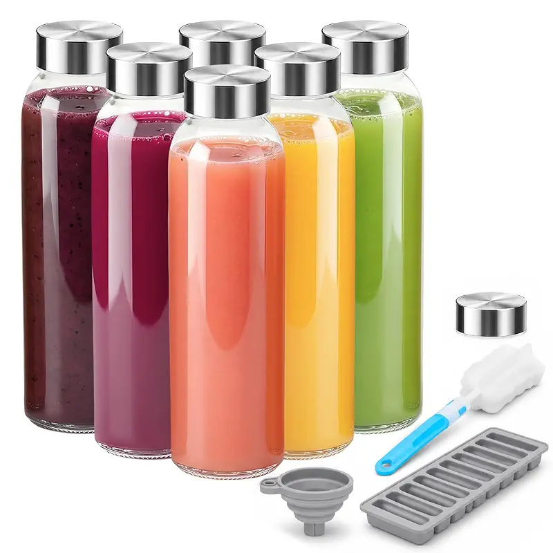 Zukro 18 oz Clear Glass Juice Bottles with Stainless Steel Lids Leak Proof | Set of 6, Airtight, BPA Free Reusable Containers for Juicing, Water, Smoothie, Homemade Beverage, Fridge and Dishwasher Safe